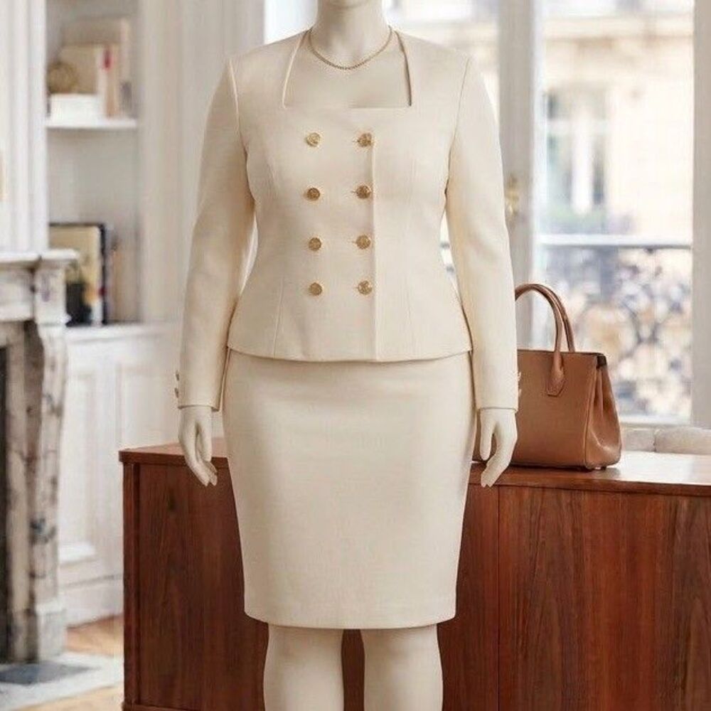 VTG 90s Penny Pear Short Skirt Suit Set Women 14 Ivory Jacquard Gold 100% Cotton